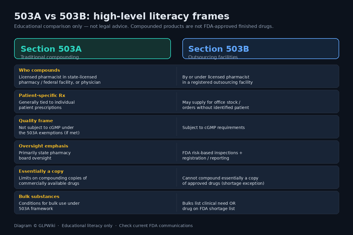 Educational comparison table of 503A vs 503B compounding frames: who compounds, patient-specific Rx, cGMP, oversight, copy limits, and bulk substance concepts