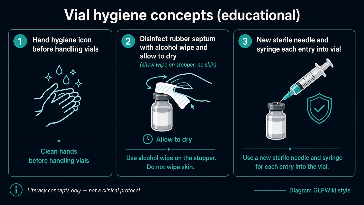 Educational diagram of hand hygiene, vial septum disinfection, and a new sterile needle and syringe for each vial entry
