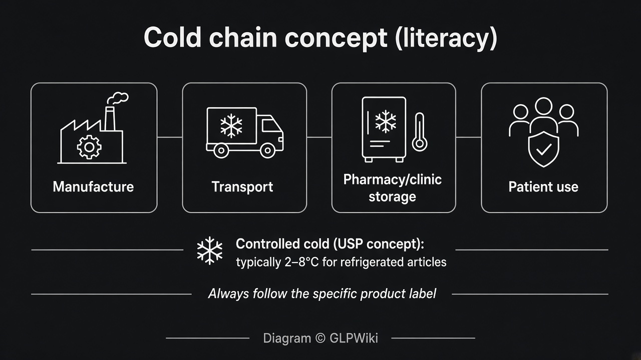 Educational schematic of a cold chain from manufacture through transport and pharmacy or clinic storage to patient use, with a 2–8°C controlled cold concept