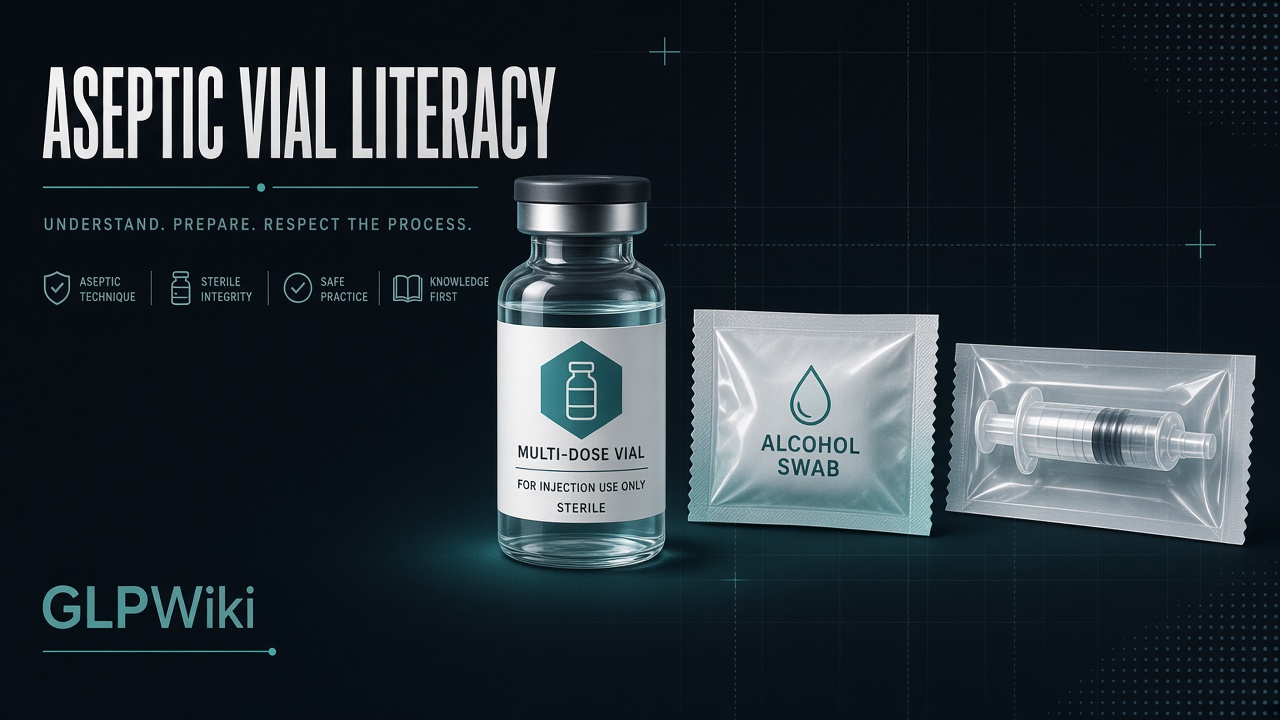 Educational illustration of a multi-dose vial, sealed alcohol swab, and sterile syringe packaging against a dark clinical GLPWiki background