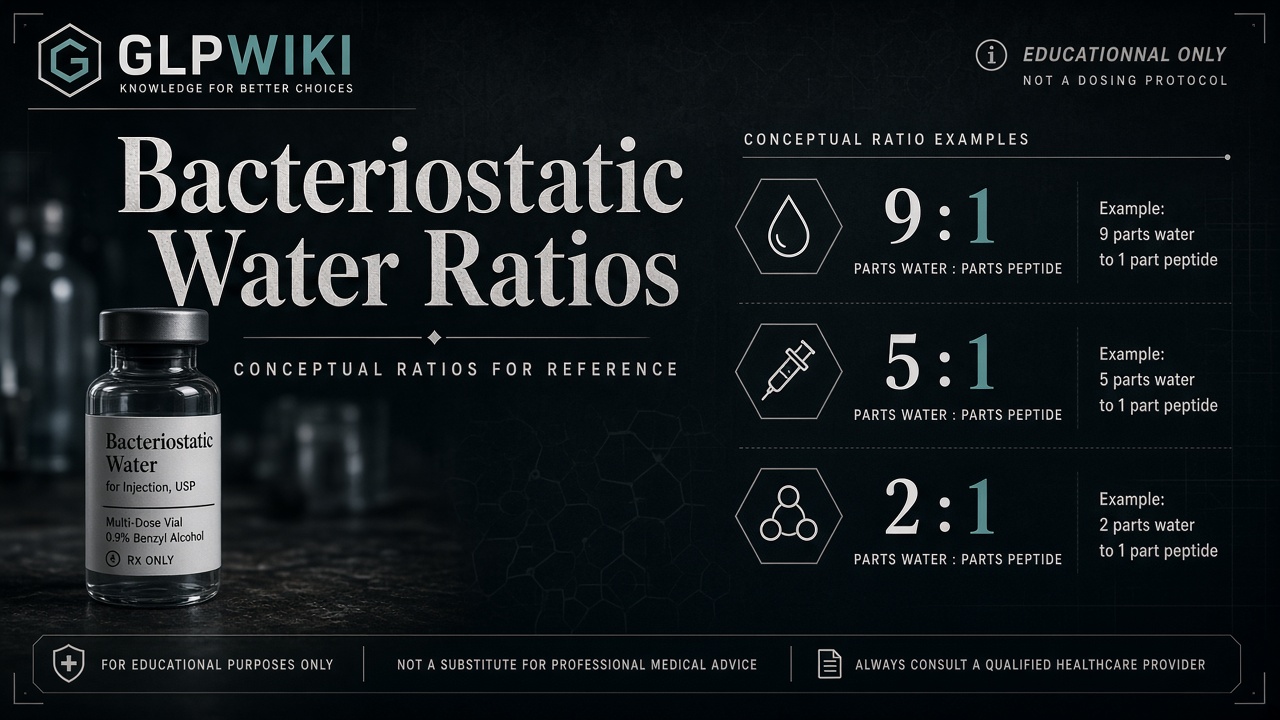 Educational illustration of bacteriostatic water ratio concepts and a labeled vial