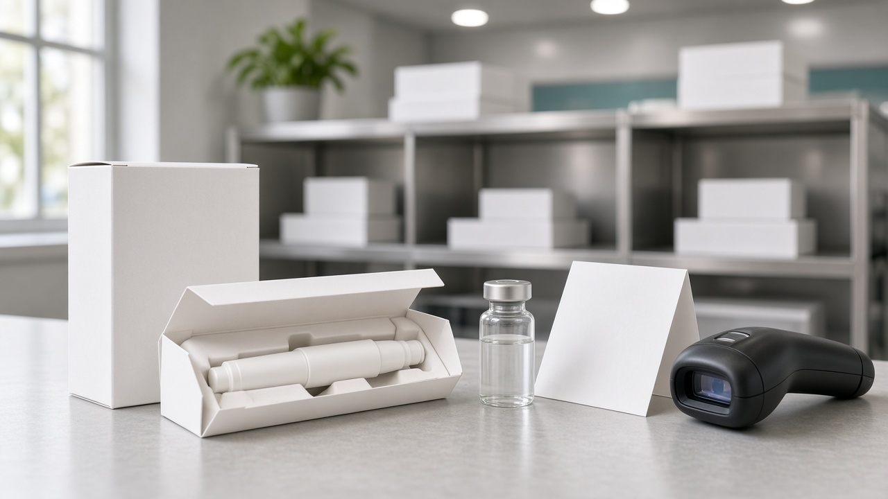 Photorealistic pharmacy verification counter in soft window light: a tall blank white carton, an open blank carton with a plain white injector pen in a white paperboard tray, a small unlabeled clear glass vial with a silver cap, a blank white tent card and a black handheld barcode scanner, with stainless-steel shelves of plain white boxes and a potted plant behind.