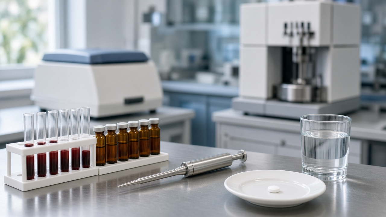 Photorealistic clinical pharmacology lab bench with sample tubes of dark red liquid, amber vials with silver caps, a silver pipette, a single unmarked white tablet on a ceramic saucer, and a glass of water, soft-focus centrifuge and analytical instrument in the background