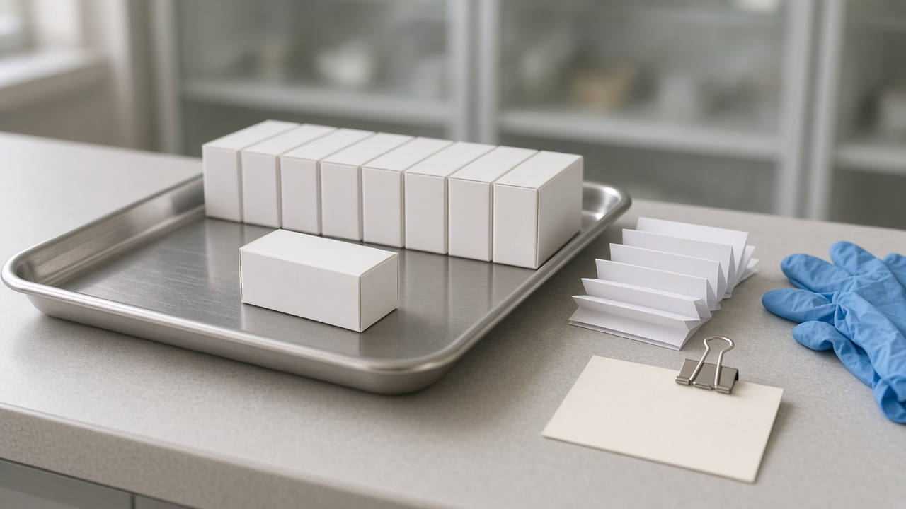 Photorealistic hospital-pharmacy verification bench: on a brushed stainless-steel tray, one plain unmarked white carton sits set apart in front of a neat row of identical blank cartons, beside a blank accordion-folded package insert, a blank cream index card in a steel binder clip and blue nitrile gloves, with frosted glass cabinets softly blurred behind.