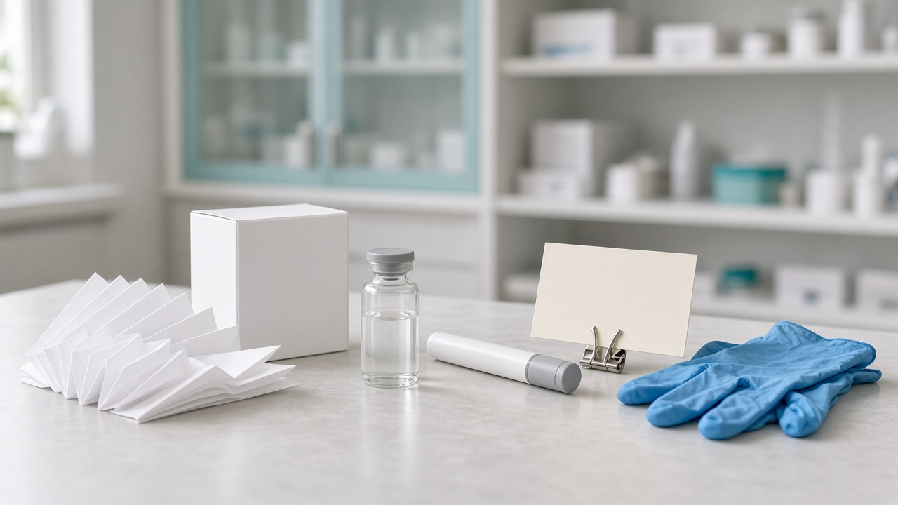 Photorealistic pharmacy preparation counter of pale grey quartz in soft window light: a blank white accordion-folded package insert fanned out on the left, a plain white unlabeled carton, a clear glass vial with a grey cap, a white pen-style injector with a grey cap lying flat, a blank cream card in a metal clip holder and a pair of folded blue nitrile gloves, with blurred white shelving and a teal-framed frosted-glass cabinet behind.