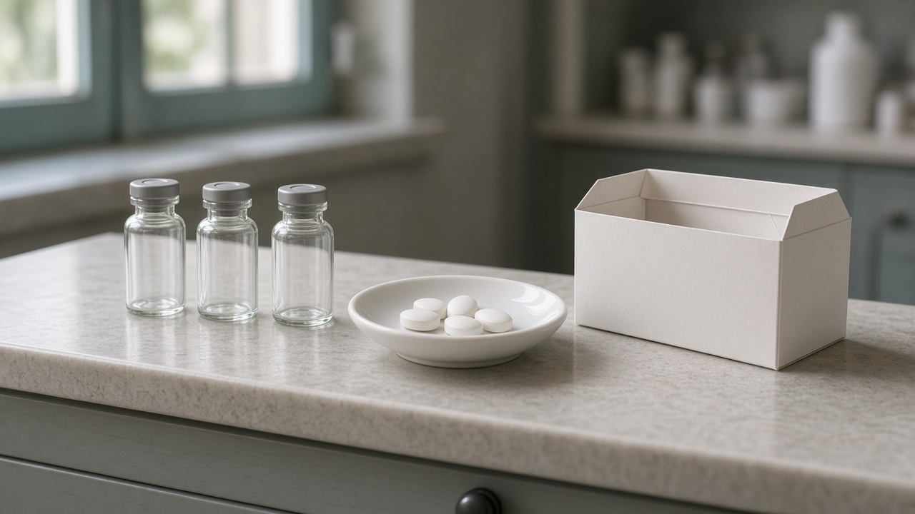 Blank unlabeled glass vials, plain white tablets in a porcelain dish, and an empty white carton on a stone pharmacy counter in soft window light