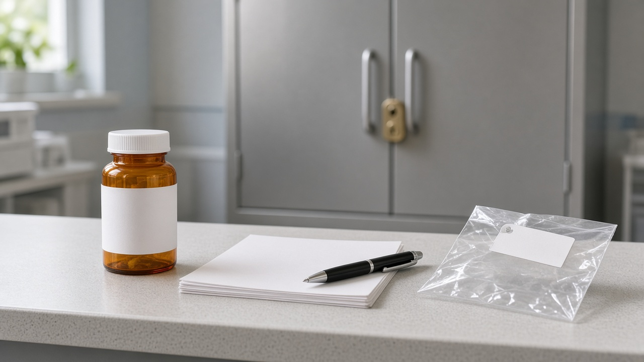 Photorealistic pharmacy counter with a plain amber prescription bottle with a blank white label, a small stack of blank white paper, a black ballpoint pen and a clear tamper-evident bag with a blank tag, in front of a closed grey steel cabinet with a brass lock, in soft natural light.
