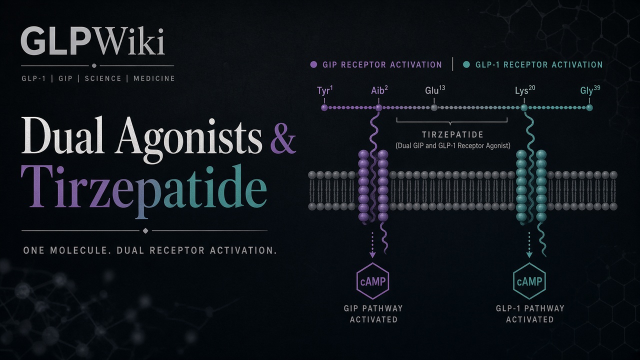 Educational diagram of tirzepatide engaging GIP and GLP-1 receptors