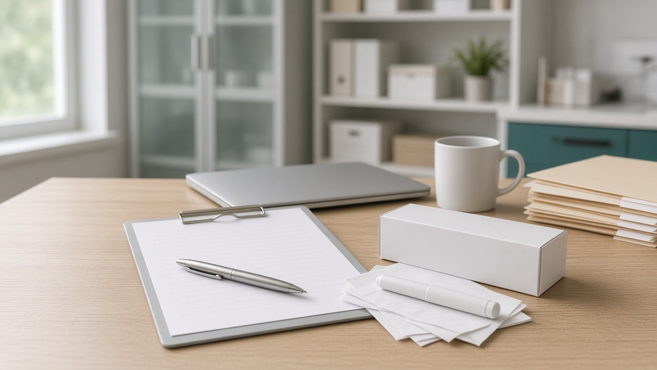 Photorealistic tidy review desk with a blank lined form on a silver clipboard and a pen, a plain white unlabeled carton, a blank white pen-style injector resting on loose blank paper inserts, a stack of manila folders, a closed laptop and a white mug, with shelves and storage boxes softly blurred behind; no text or labels visible