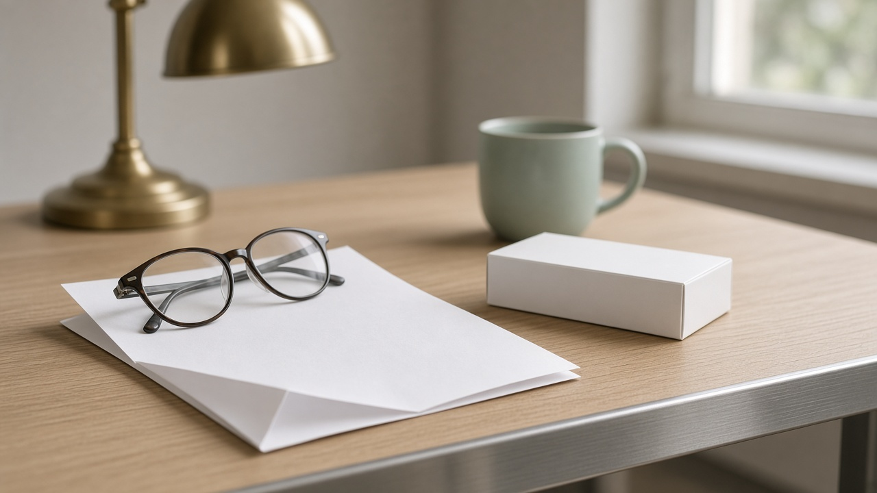 Photorealistic light-oak desk by a window with a folded stack of blank white paper, dark tortoiseshell reading glasses resting on top, a plain unlabeled white carton, a sage-green mug and a brass desk lamp in soft natural light.