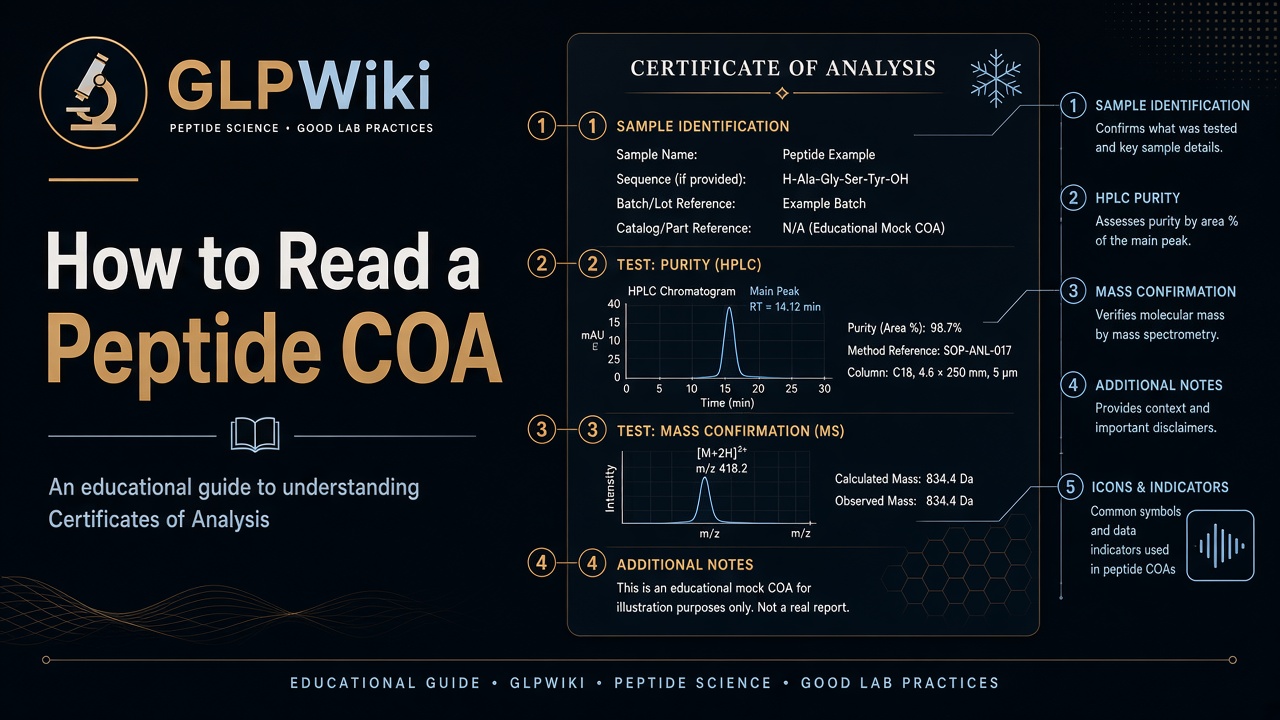 Educational mock certificate of analysis with chromatogram and mass spectrum examples