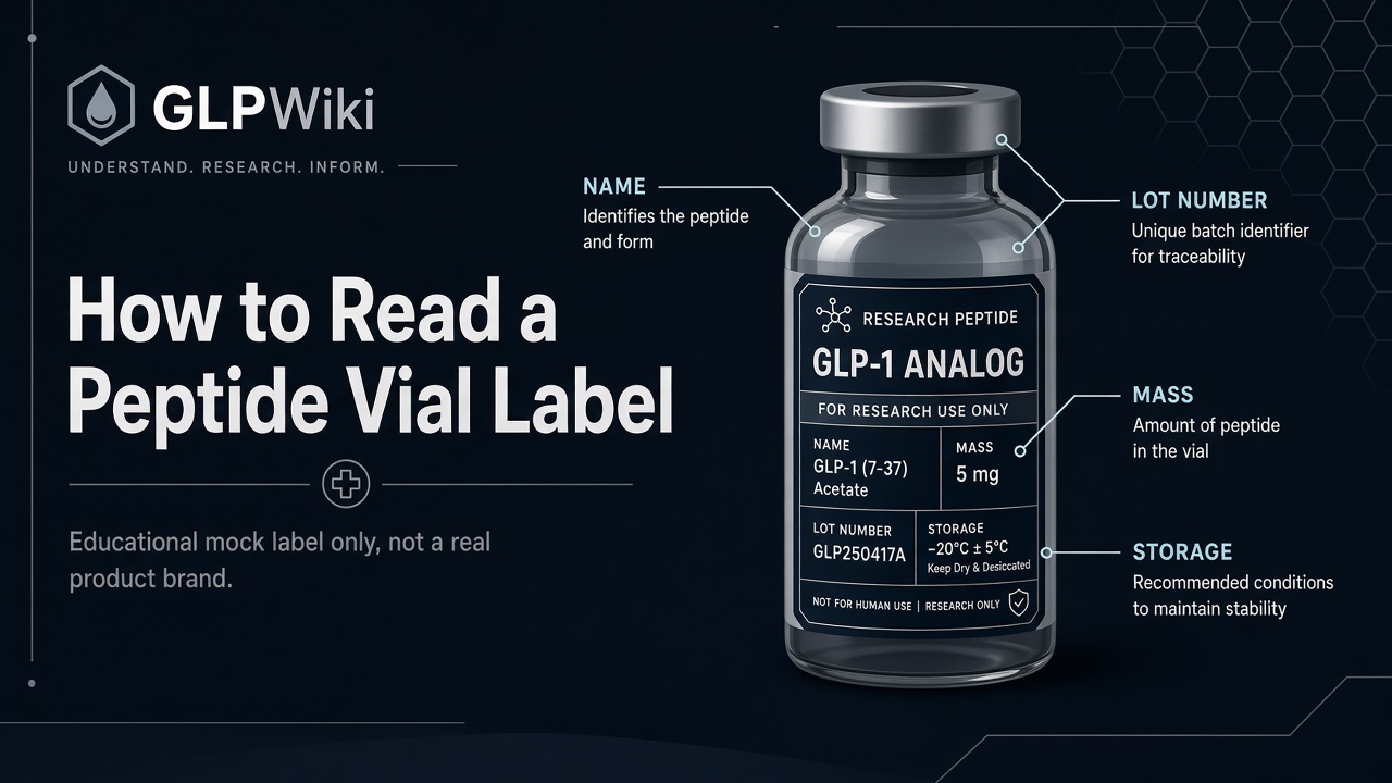 Educational mock peptide vial label identifying name, lot number, mass, and storage fields
