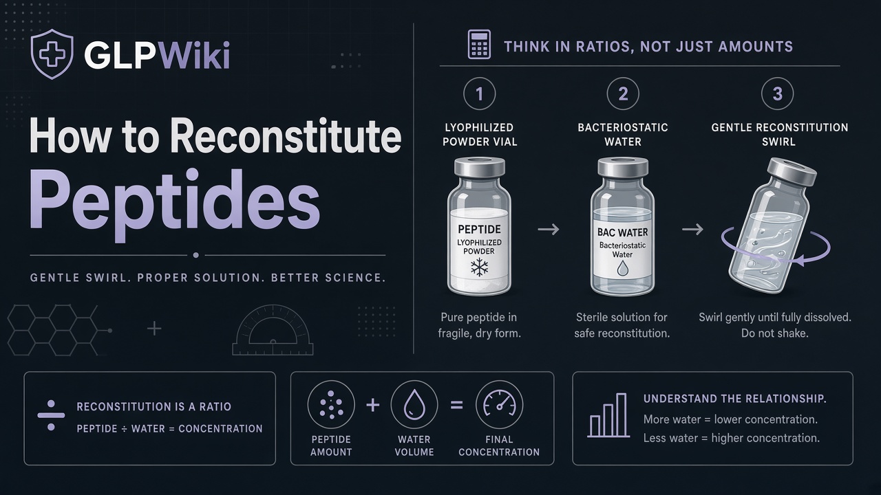 Educational illustration of lyophilized peptide powder, bacteriostatic water, and a reconstituted vial