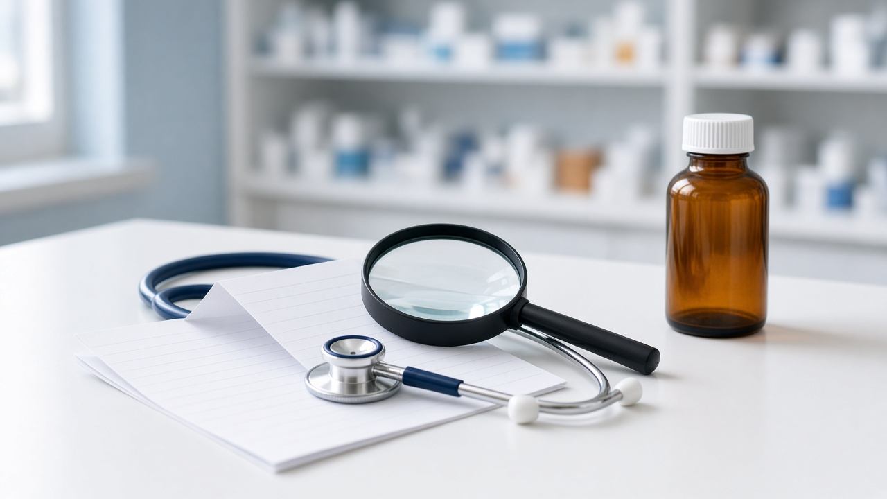 Photorealistic pharmacy workbench with a blank lined leaflet, a black-handled magnifying glass, a stethoscope and an unlabeled amber glass bottle with a white cap on a white counter, blurred stocked shelves behind.