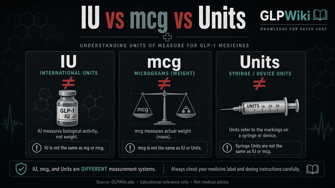 Educational comparison of international units, micrograms, and syringe units