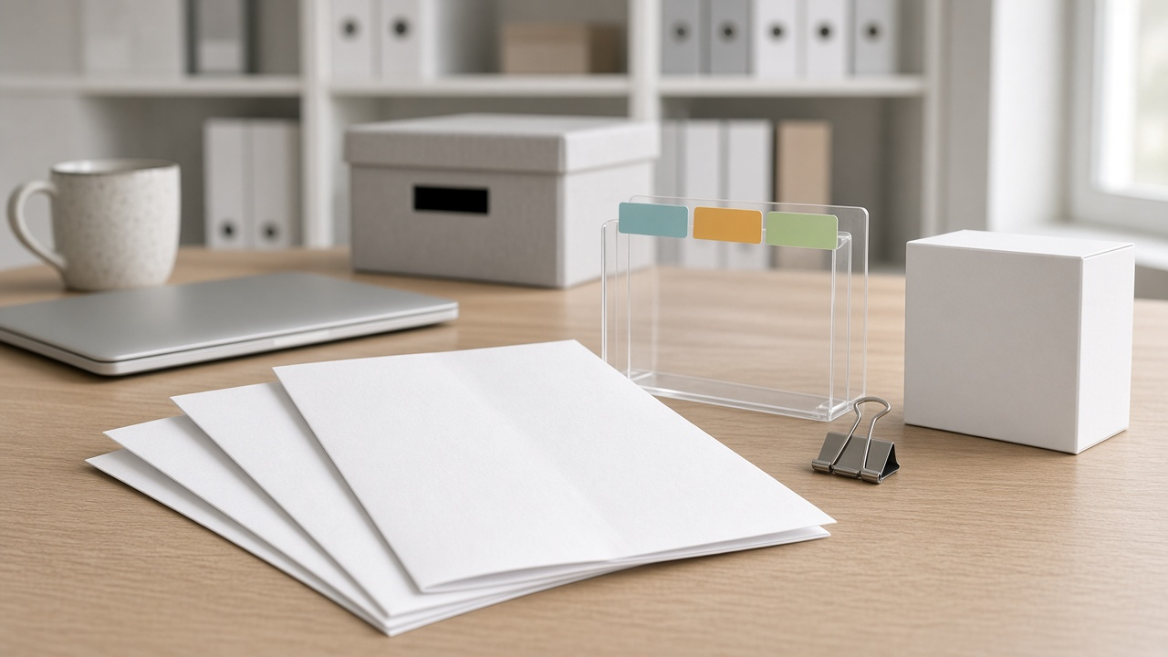 Photorealistic pale oak desk in soft window light: a fanned stack of four blank folded white package inserts, a clear acrylic holder with blank teal, amber and green tab dividers, a black binder clip, a plain white unlabeled carton, a closed silver laptop and a speckled ceramic mug, with a grey archive box and blurred shelves of unlabeled binders behind.