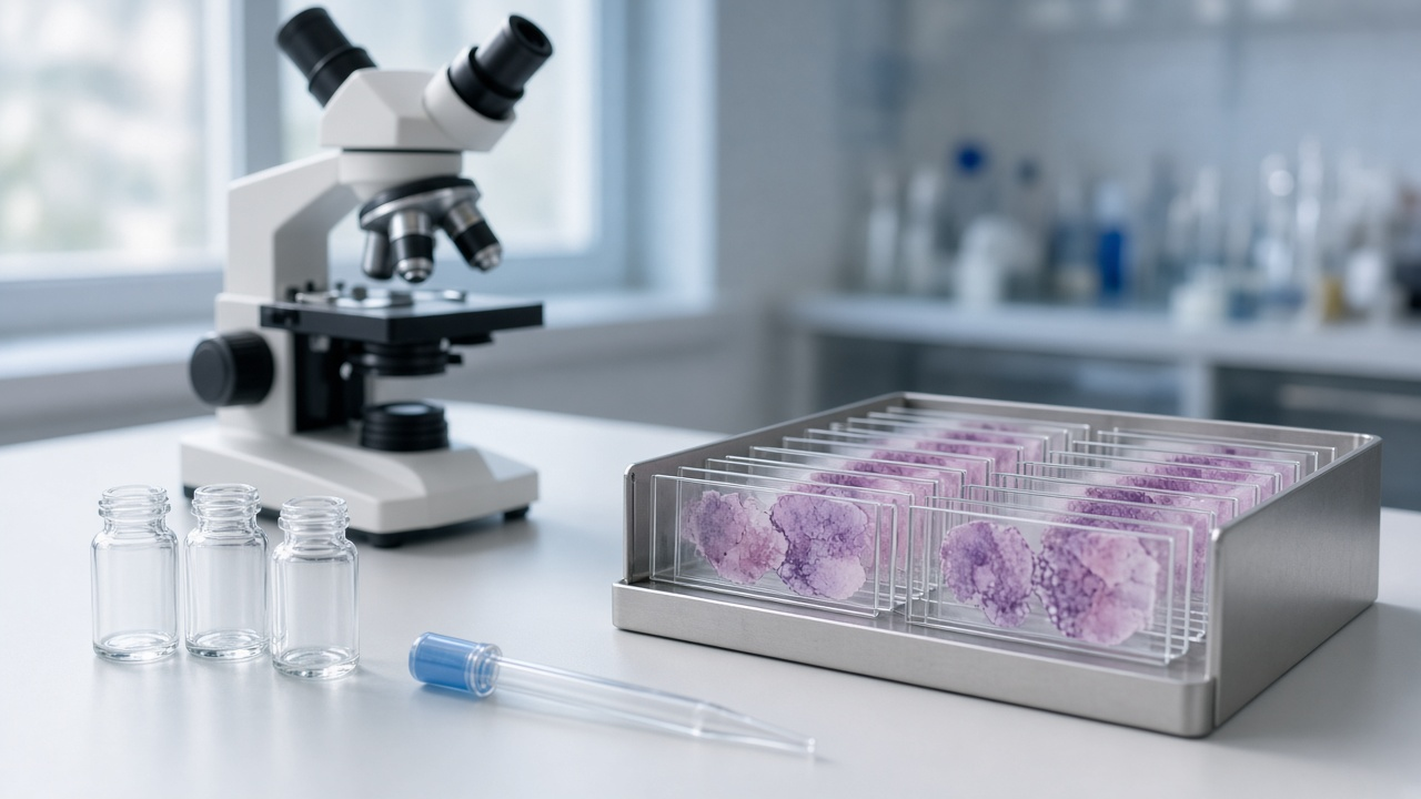 Photorealistic laboratory bench with a white microscope, a stainless-steel rack of stained histology slides, three empty glass vials and a transfer pipette in soft window light