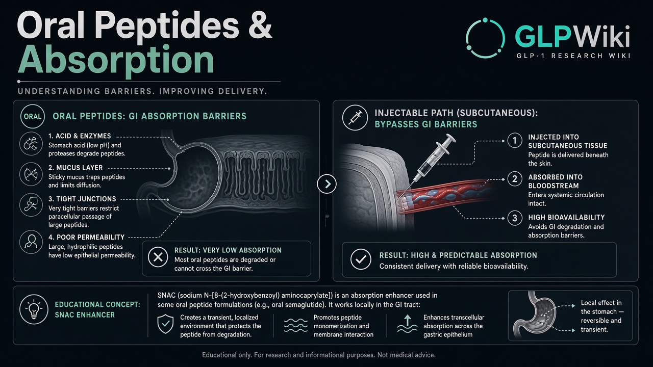 Educational illustration of oral peptide absorption: tablet, stomach barrier, and circulating peptide concept