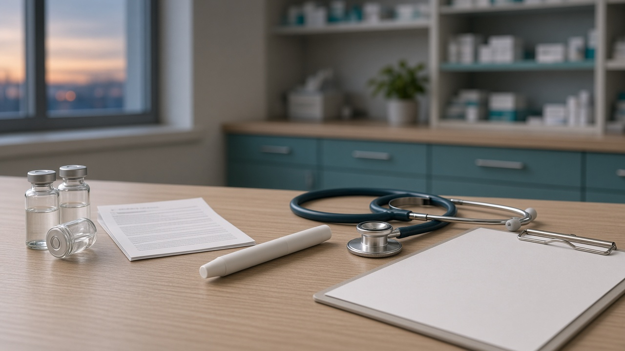 Photorealistic hospital pharmacy workstation with small clear glass vials, a folded leaflet, a plain white pen-shaped injector, a stethoscope and a blank clipboard on a wooden counter, with blurred stocked shelves and a dusk window behind.