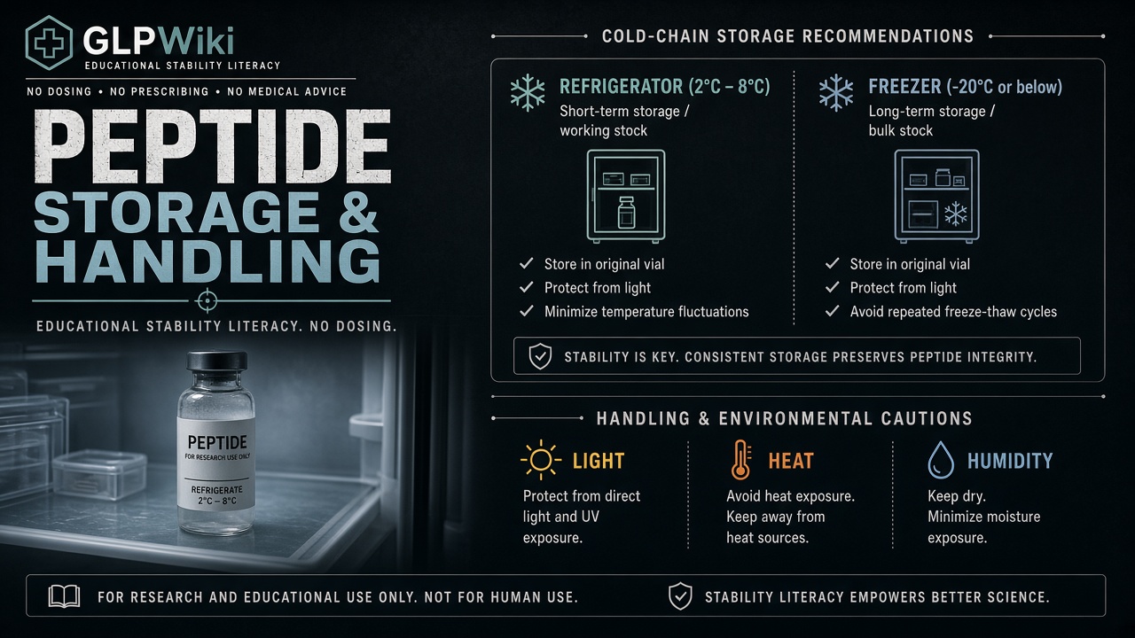 Educational cold-storage schematic showing refrigerated and frozen peptide vials