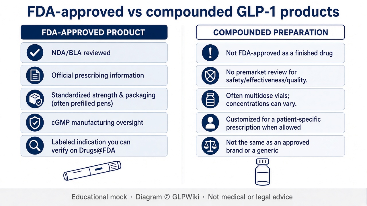 Side-by-side educational comparison of FDA-approved GLP-1 product attributes versus compounded preparation attributes