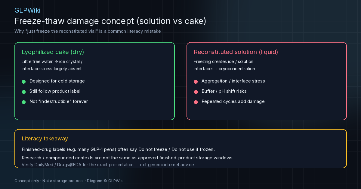 Educational split diagram comparing lower freeze-related interfacial stress for a lyophilized dry cake versus ice/solution interface and cryoconcentration stress for a reconstituted peptide solution, with a literacy callout to verify product-specific labels