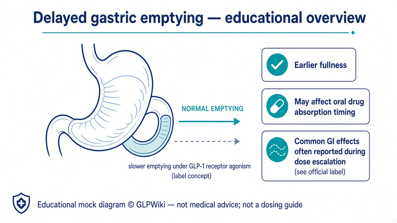 Educational diagram of delayed gastric emptying under GLP-1 receptor agonism with callouts for earlier fullness and oral medication timing