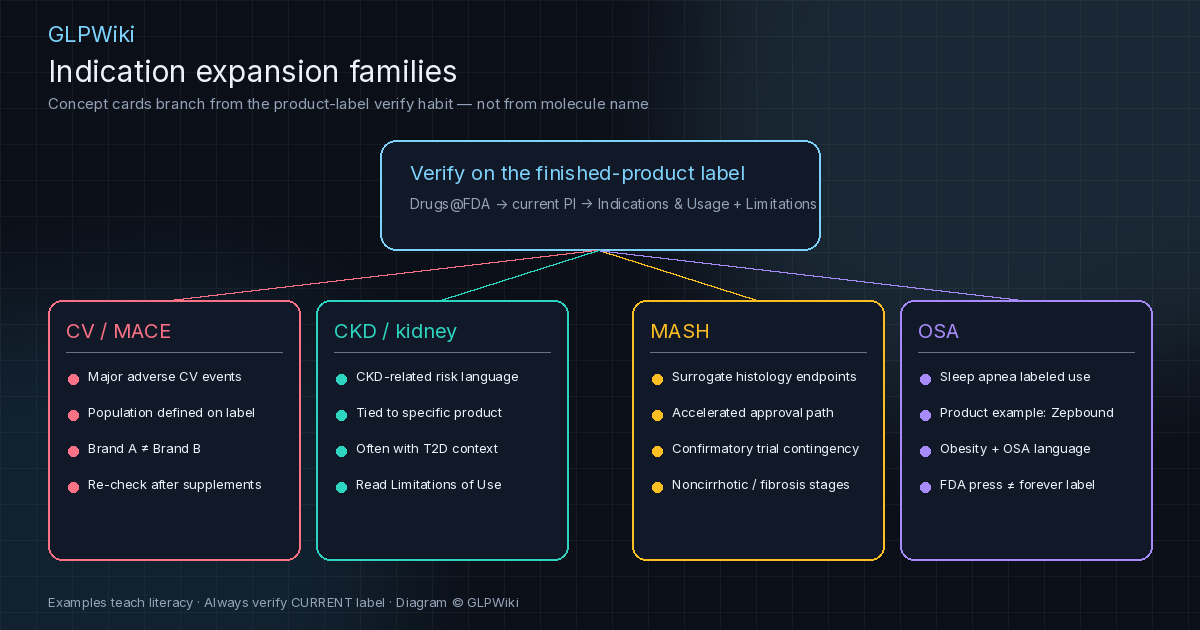 Educational map of four indication-expansion families — CV/MACE, CKD, MASH, and OSA — branching from a central Drugs@FDA product-label verify habit