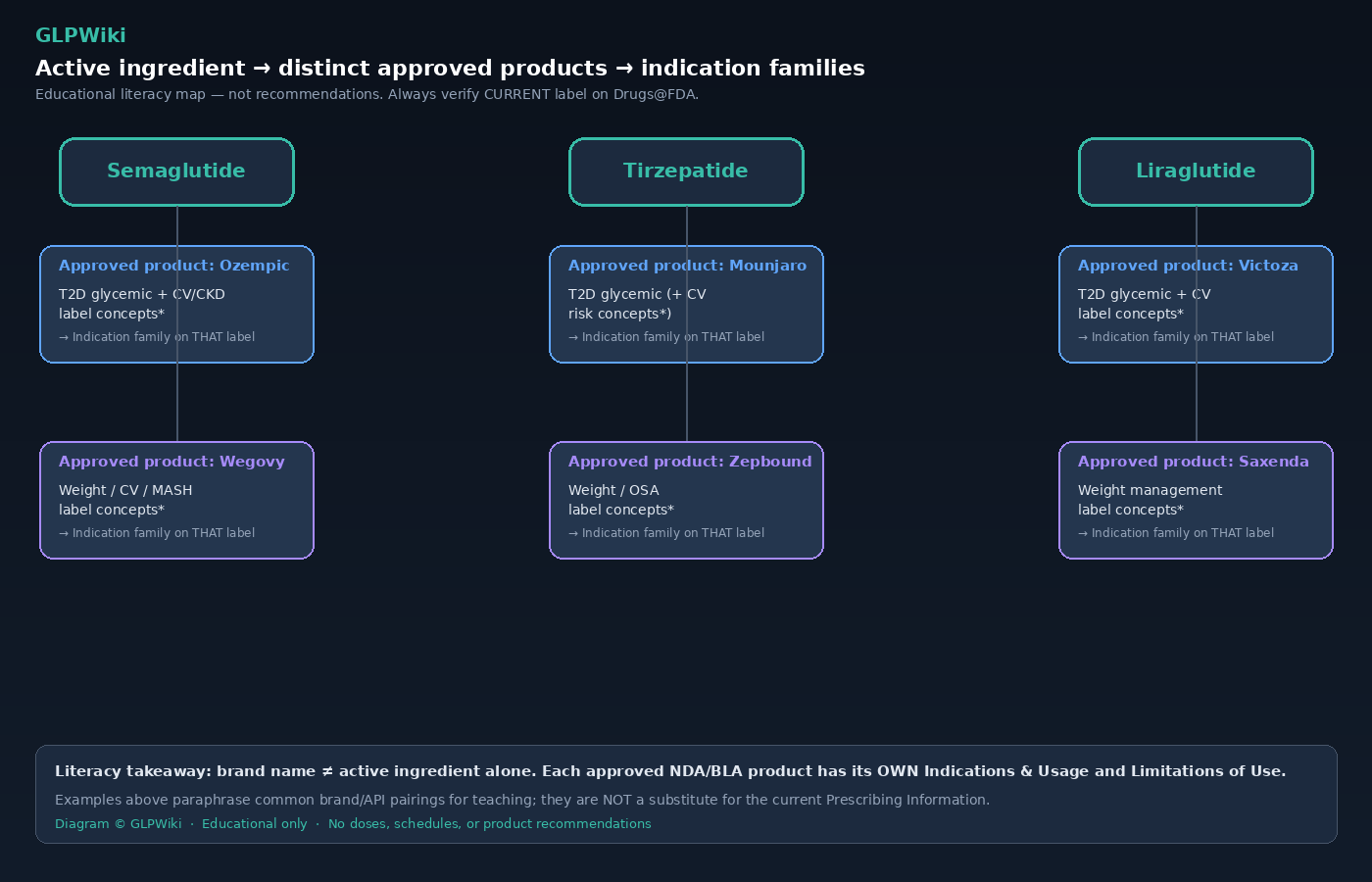 Educational map from active ingredient nodes (semaglutide, tirzepatide, liraglutide) to distinct approved brand products and indication-family concepts