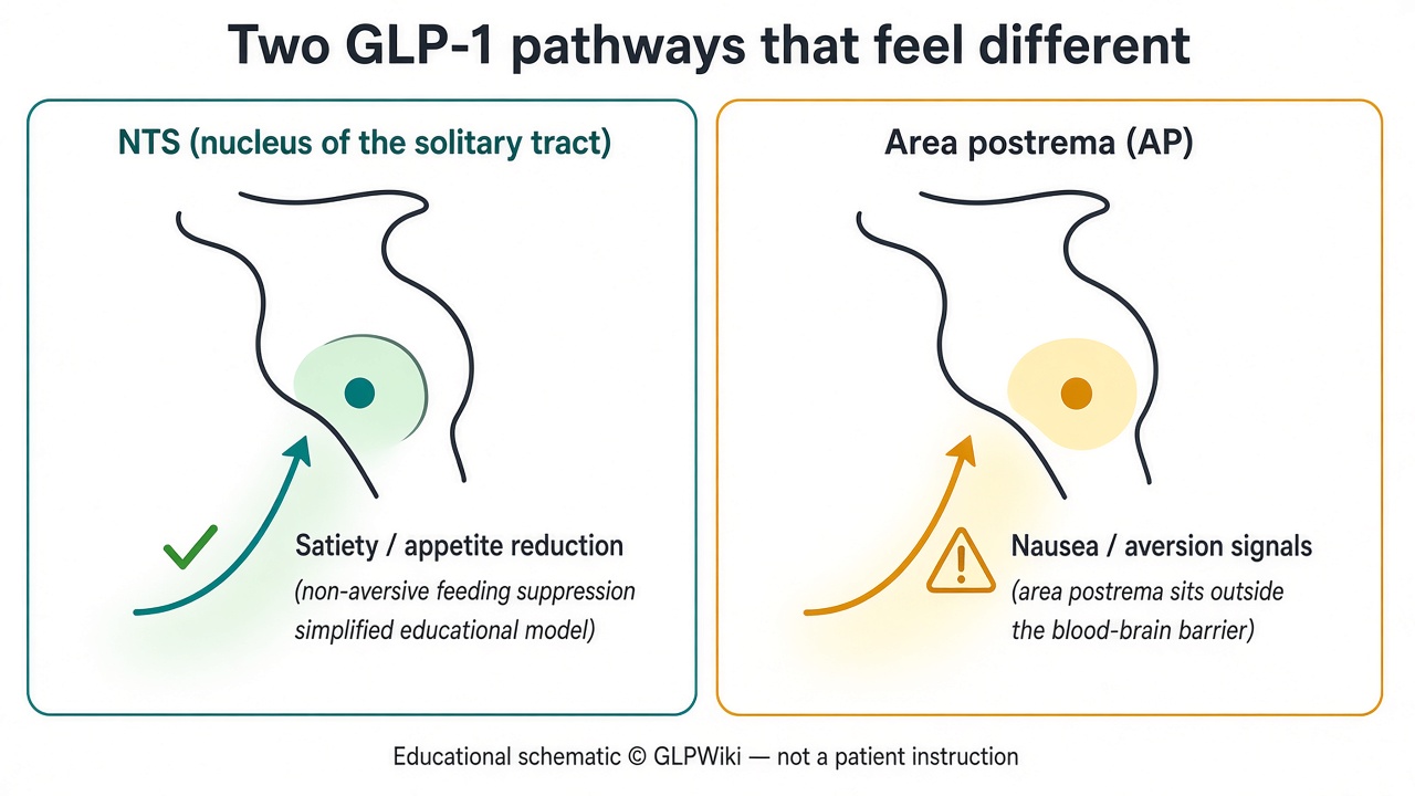 Educational schematic comparing NTS satiety pathway and area postrema aversion pathway for GLP-1 receptor signaling