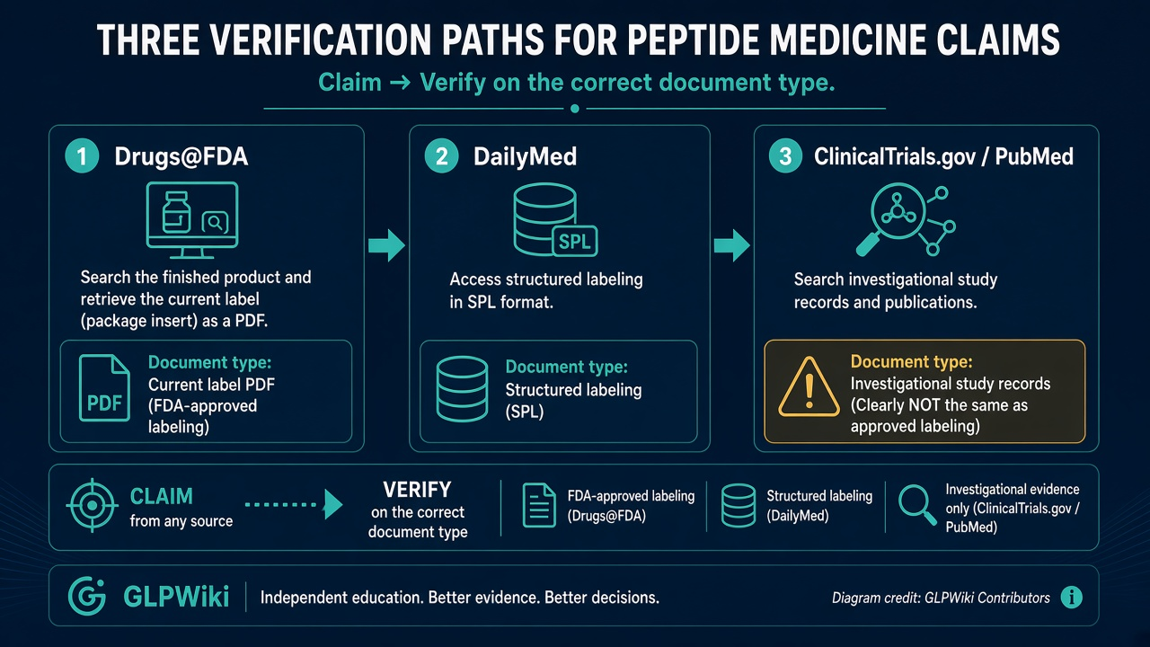 Educational diagram showing separate verification paths through Drugs@FDA, DailyMed, ClinicalTrials.gov, and PubMed