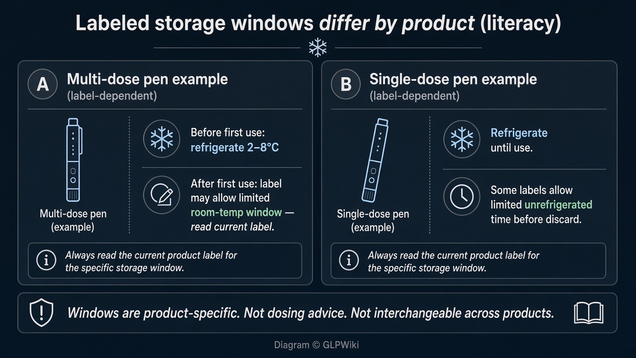 Educational comparison of two example pen presentations showing that labeled refrigerated and room-temperature storage windows are written per product