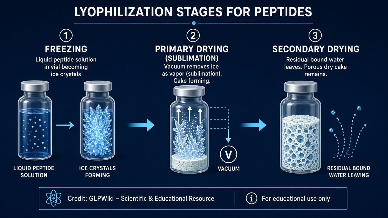 Educational diagram showing freezing, primary drying by sublimation, and secondary drying in peptide lyophilization