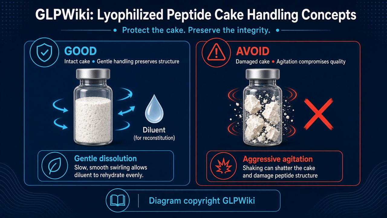 Educational comparison of an intact lyophilized peptide cake and a cake disrupted by aggressive agitation