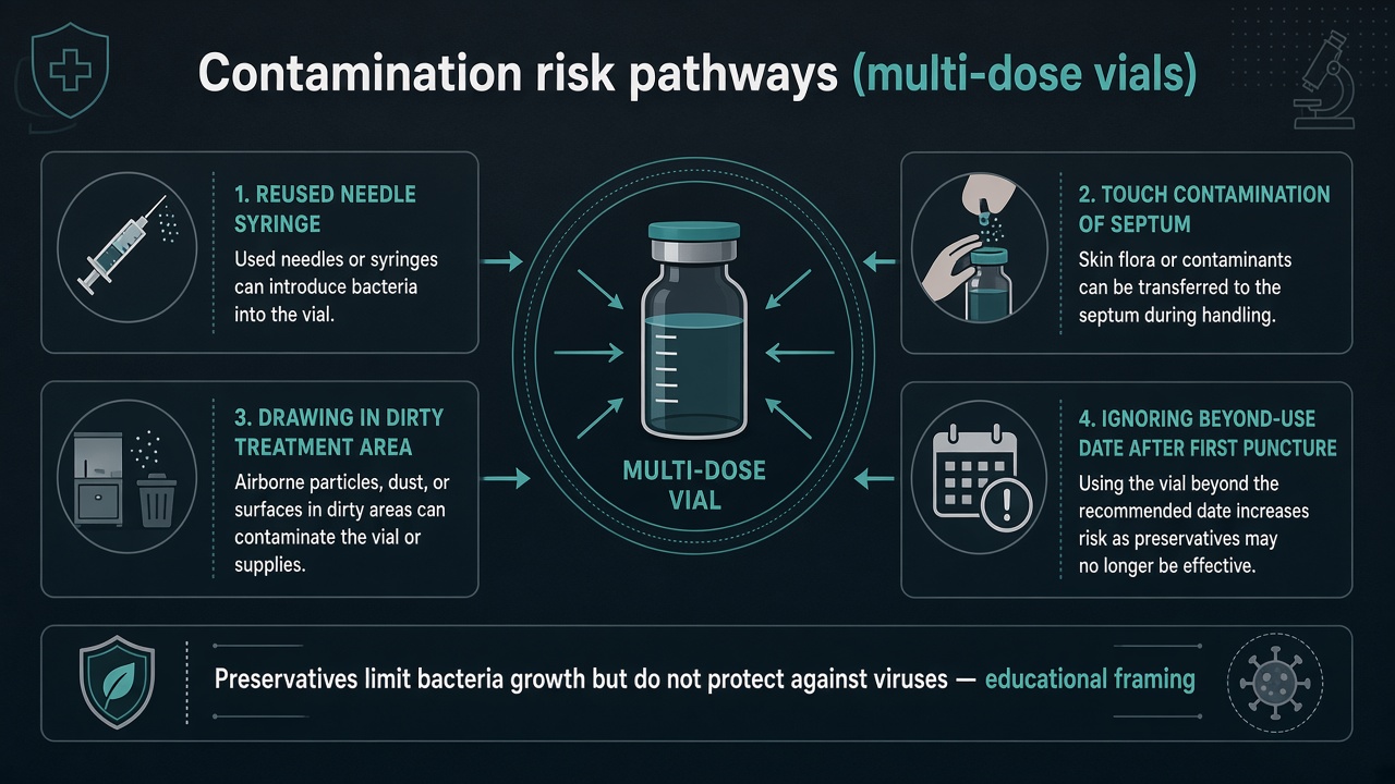 Educational diagram showing several contamination pathways into a multi-dose vial
