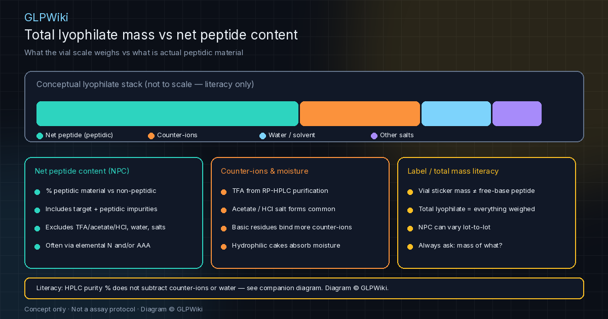 Educational stacked diagram of total lyophilate mass components — net peptide (peptidic material), counter-ions, residual water/solvent, and other salts — with literacy callouts that vial label mass is not free-base peptide alone