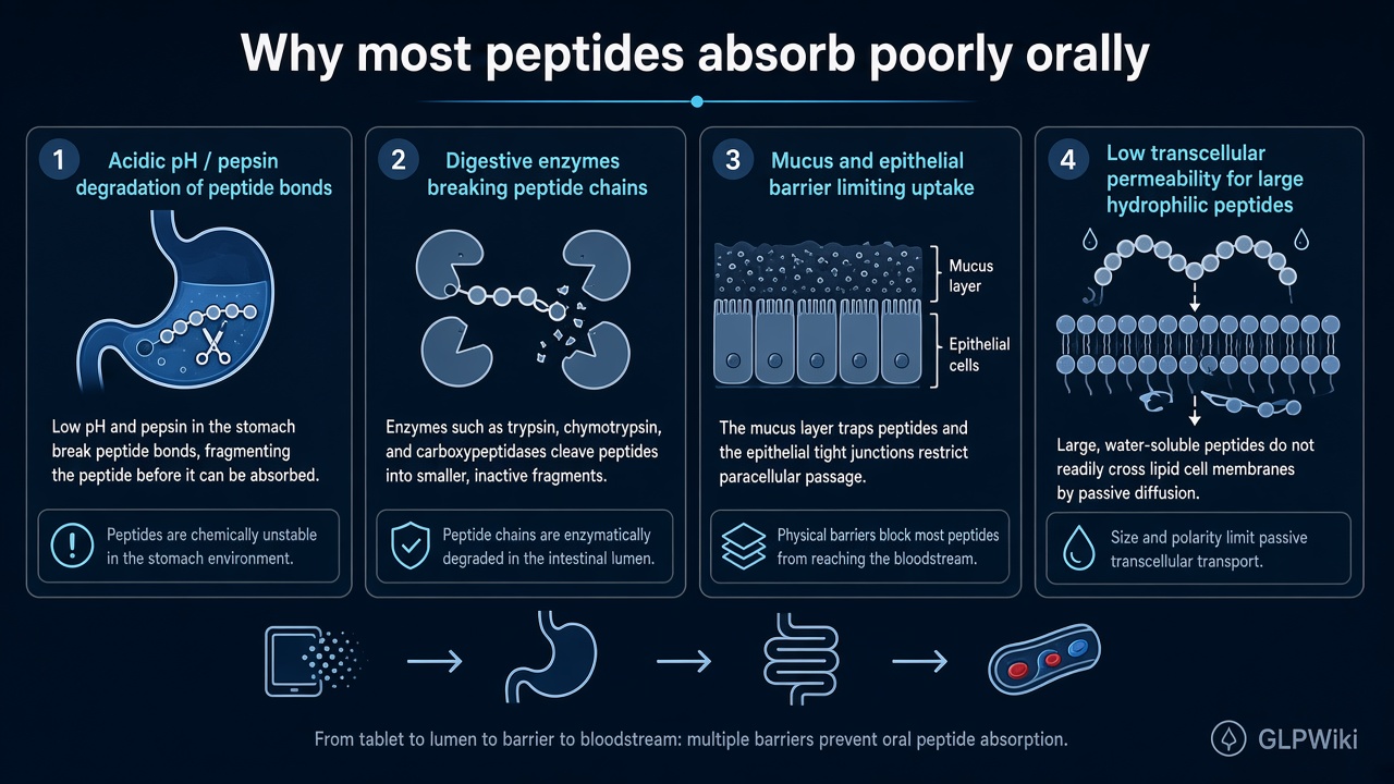 Educational diagram of gastrointestinal barriers that reduce oral peptide absorption, including acid, enzymes, mucus, and epithelial permeability