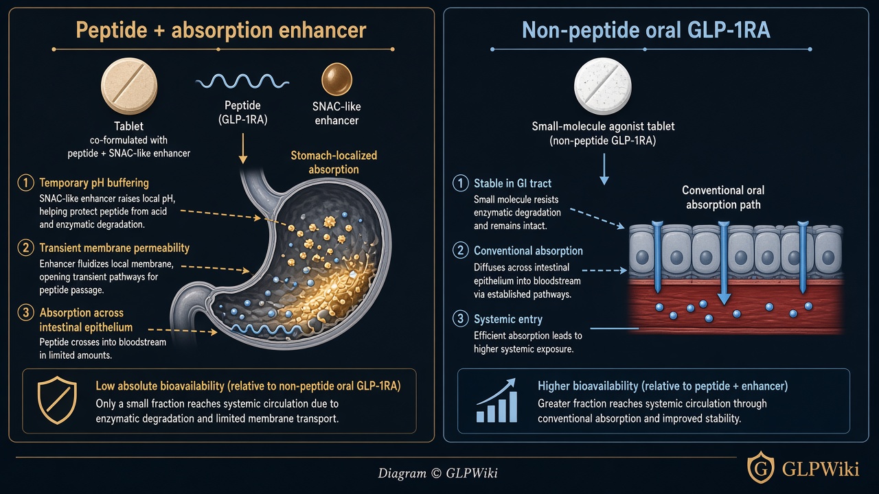 Educational comparison of a peptide tablet with an absorption enhancer versus a non-peptide oral GLP-1 receptor agonist