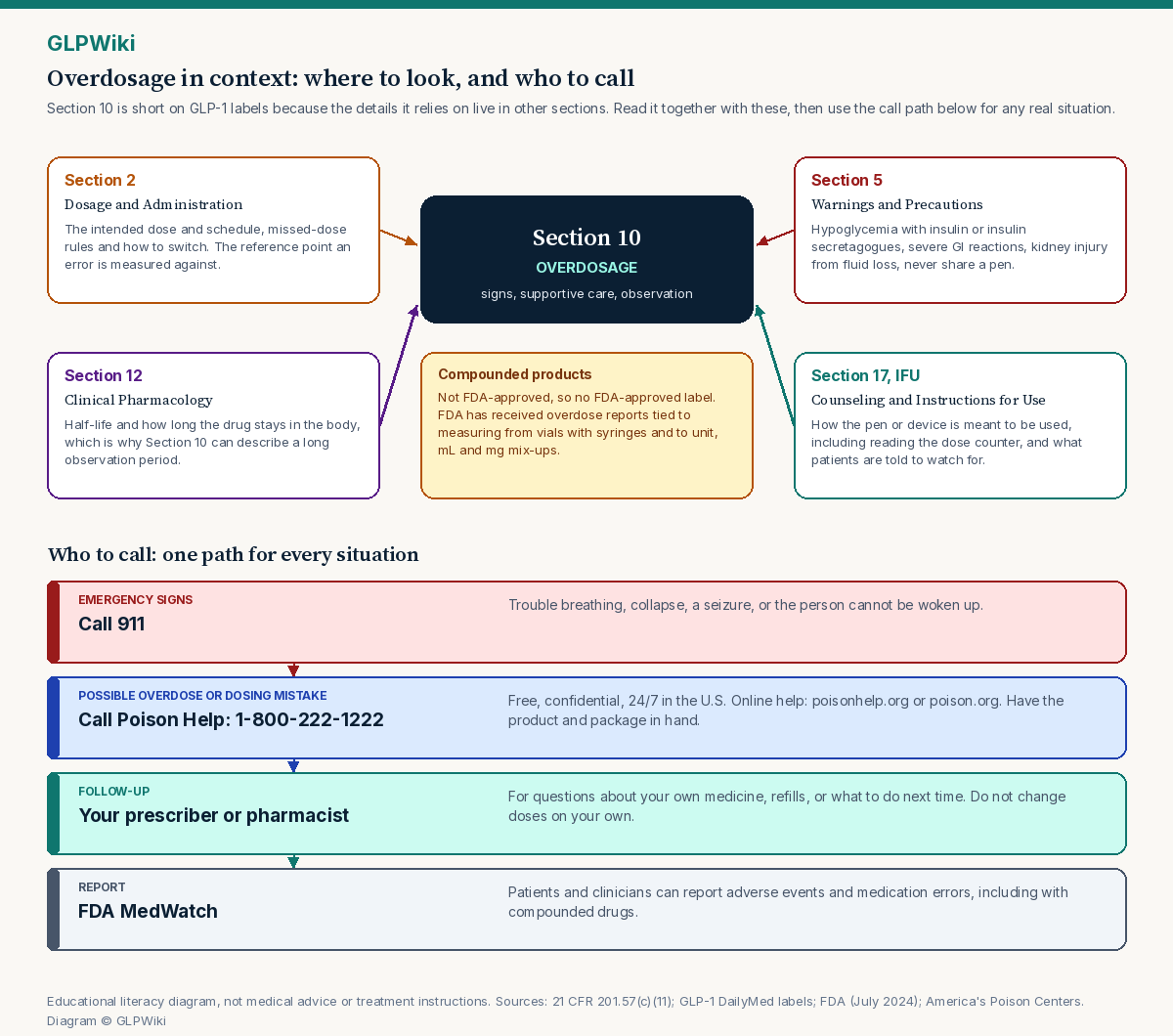 Educational map titled Overdosage in context: where to look, and who to call. A central Section 10 Overdosage box (signs, supportive care, observation) receives arrows from four boxes: Section 2 Dosage and Administration (intended dose and schedule, the reference point an error is measured against), Section 5 Warnings and Precautions (hypoglycemia with insulin or insulin secretagogues, severe GI reactions, kidney injury from fluid loss, never share a pen), Section 12 Clinical Pharmacology (half-life explains long observation), and Section 17 and Instructions for Use (how the device is meant to be used, reading the dose counter). An amber note says compounded products are not FDA-approved and FDA has received overdose reports tied to measuring from vials with syringes and unit, mL and mg mix-ups. Below, a four-step call path: emergency signs such as trouble breathing, collapse, seizure or not waking, call 911; possible overdose or dosing mistake, call Poison Help 1-800-222-1222 or use poisonhelp.org or poison.org; follow-up with your prescriber or pharmacist; report to FDA MedWatch.