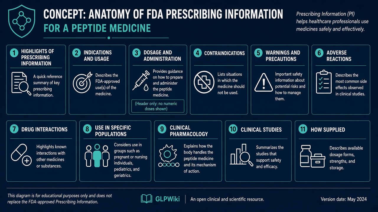 Educational anatomy of common FDA Prescribing Information sections for a peptide medicine