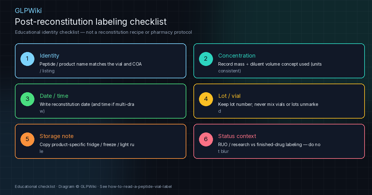 Educational six-item post-reconstitution labeling checklist covering identity, concentration, date/time, lot/vial integrity, storage note, and RUO versus finished-drug status context