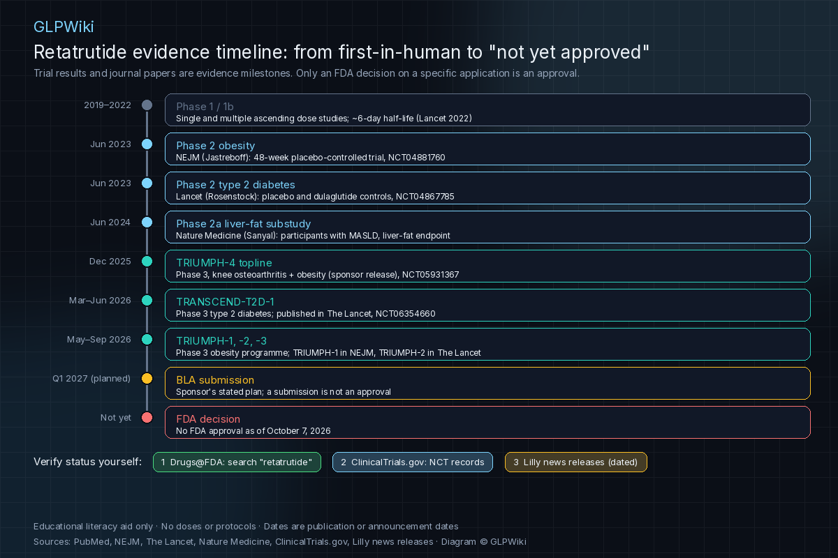 Educational vertical timeline of retatrutide evidence: Phase 1 and 1b studies 2019 to 2022; Phase 2 obesity trial in NEJM and Phase 2 type 2 diabetes trial in The Lancet, June 2023; Phase 2a liver-fat substudy in Nature Medicine, June 2024; TRIUMPH-4 topline, December 2025; TRANSCEND-T2D-1, March to June 2026; TRIUMPH-1, -2 and -3, May to September 2026; planned BLA submission Q1 2027; FDA decision not yet, with no FDA approval as of October 7, 2026. A verify path lists Drugs@FDA, ClinicalTrials.gov NCT records and dated Lilly news releases.