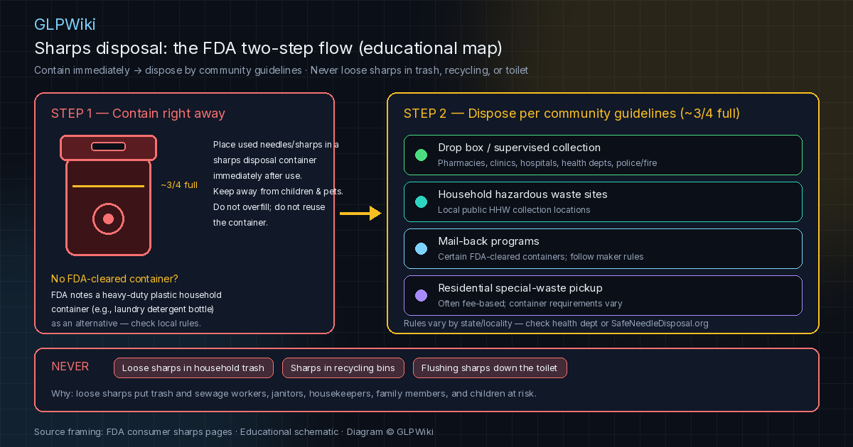 Educational flow diagram of FDA's two-step sharps disposal: step one, place used sharps in a sharps container immediately and stop at about three-quarters full; step two, dispose by community guidelines via drop-off sites, household hazardous waste sites, mail-back programs, or special-waste pickup; with a never row for trash, recycling, and flushing