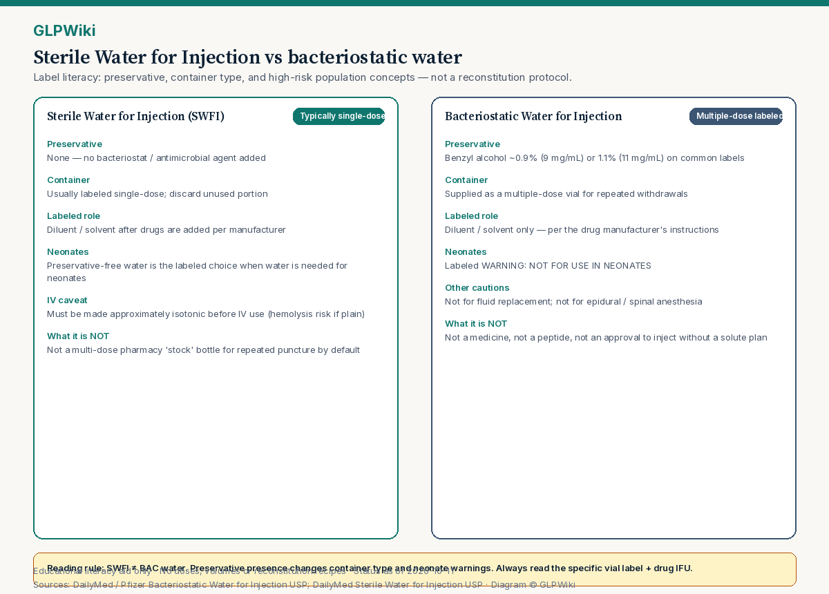 Two-column educational diagram comparing Sterile Water for Injection (no preservative, typically single-dose) with Bacteriostatic Water for Injection (benzyl alcohol preservative, multiple-dose labeled), including neonate and isotonicity cautions.