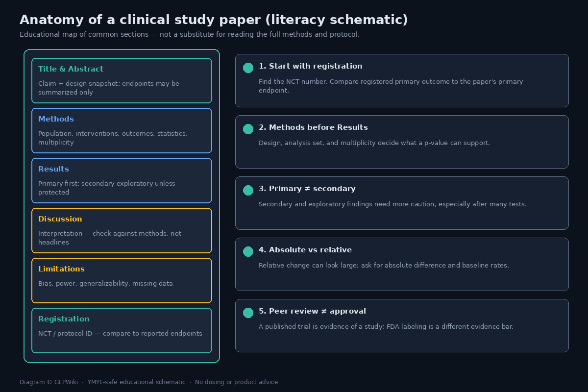 Educational schematic of a clinical paper's sections: Title/Abstract, Methods, Results, Discussion, Limitations, and Registration, with literacy callouts
