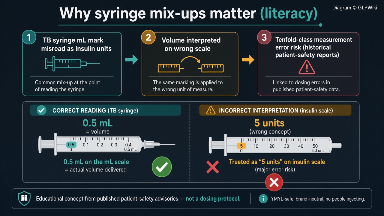 Educational pathway diagram showing how a tuberculin syringe mL mark misread as insulin units leads to a tenfold-class measurement error