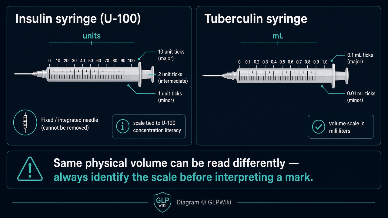 Educational side-by-side diagram comparing U-100 insulin syringe unit graduations with tuberculin syringe milliliter graduations