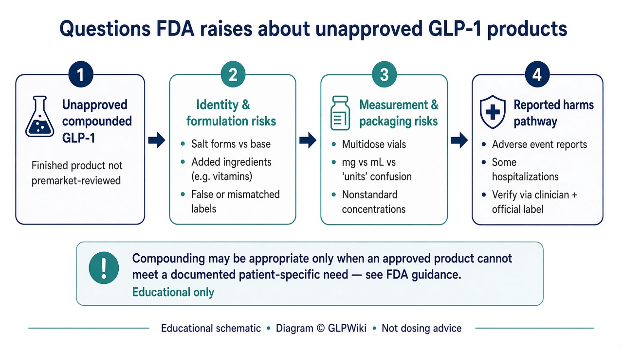 Educational flowchart of identity, formulation, measurement, and adverse-event pathways FDA discusses for unapproved GLP-1 products