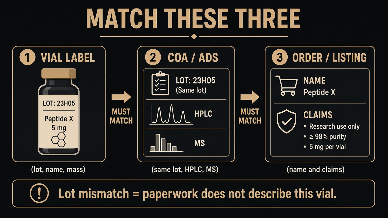 Diagram showing three panels that must agree: a vial label with lot number, name and mass; a COA or analytical data sheet showing the same lot with HPLC and MS results; and an order listing showing the product name and claims. A caption notes that a lot mismatch means the paperwork does not describe the vial.