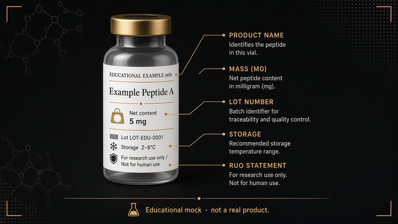 Annotated educational mockup of a peptide vial label, with callouts pointing to the product name, the net mass in milligrams, the lot number, the recommended storage temperature range, and a research-use-only statement.